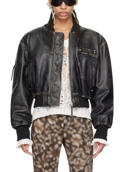 Acne Studios Jackets & Blazers - AcneStudio Black Distressed-Effect Leather Bomber Jacket
